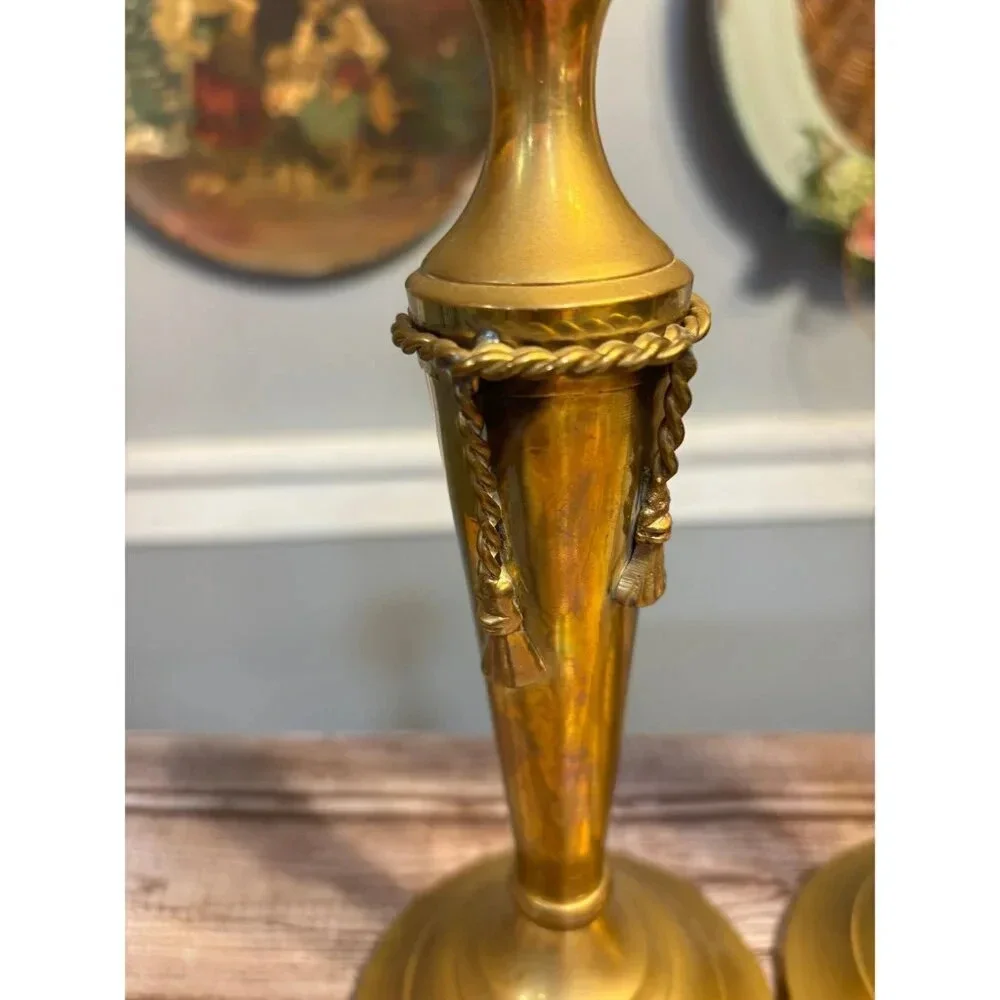 Solid Brass Rope Design Candlesticks, Made in India, Pair - 10.5